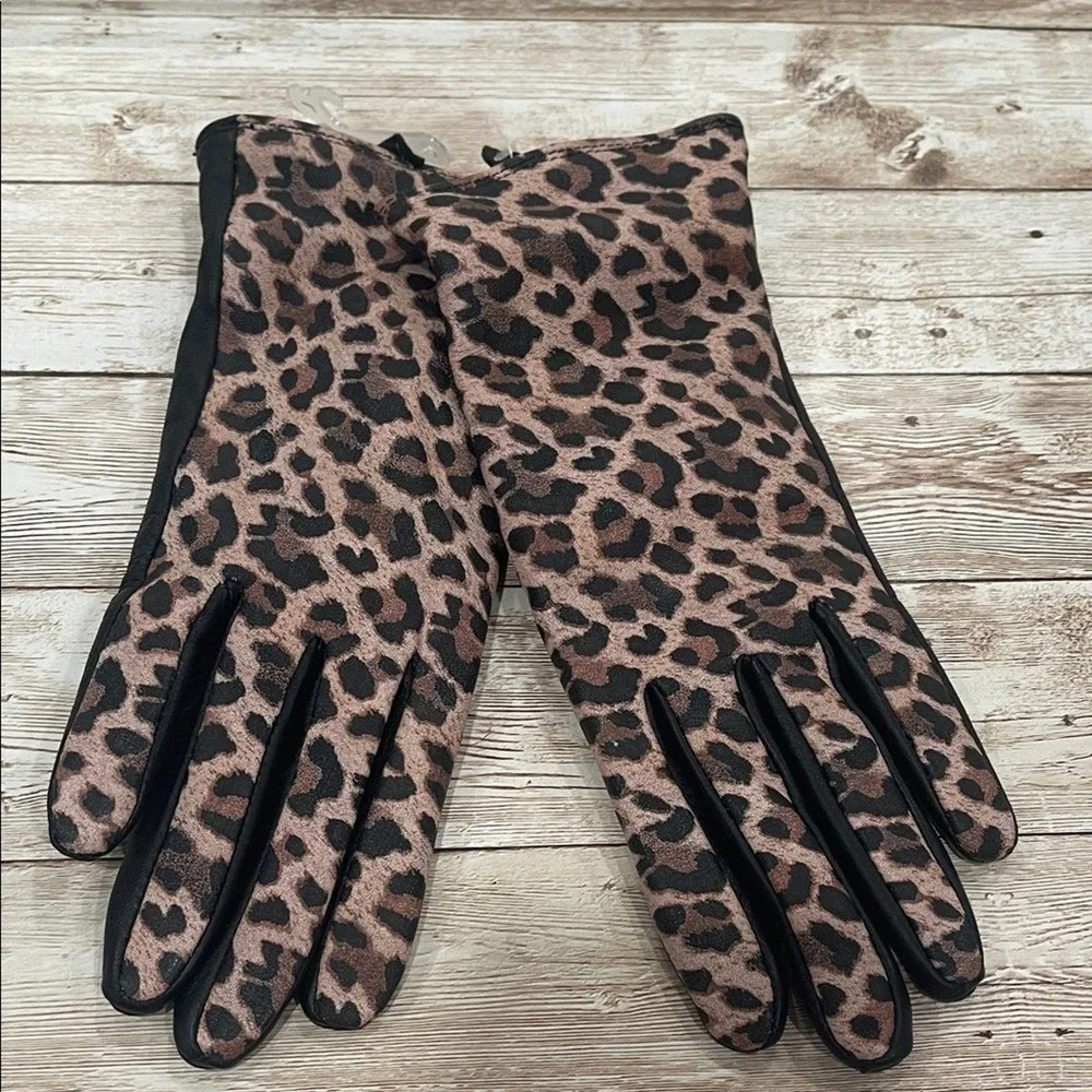 Charter Club Womens Leopard Print Leather Tech Gloves Cashmere Blend‎ Lining L
